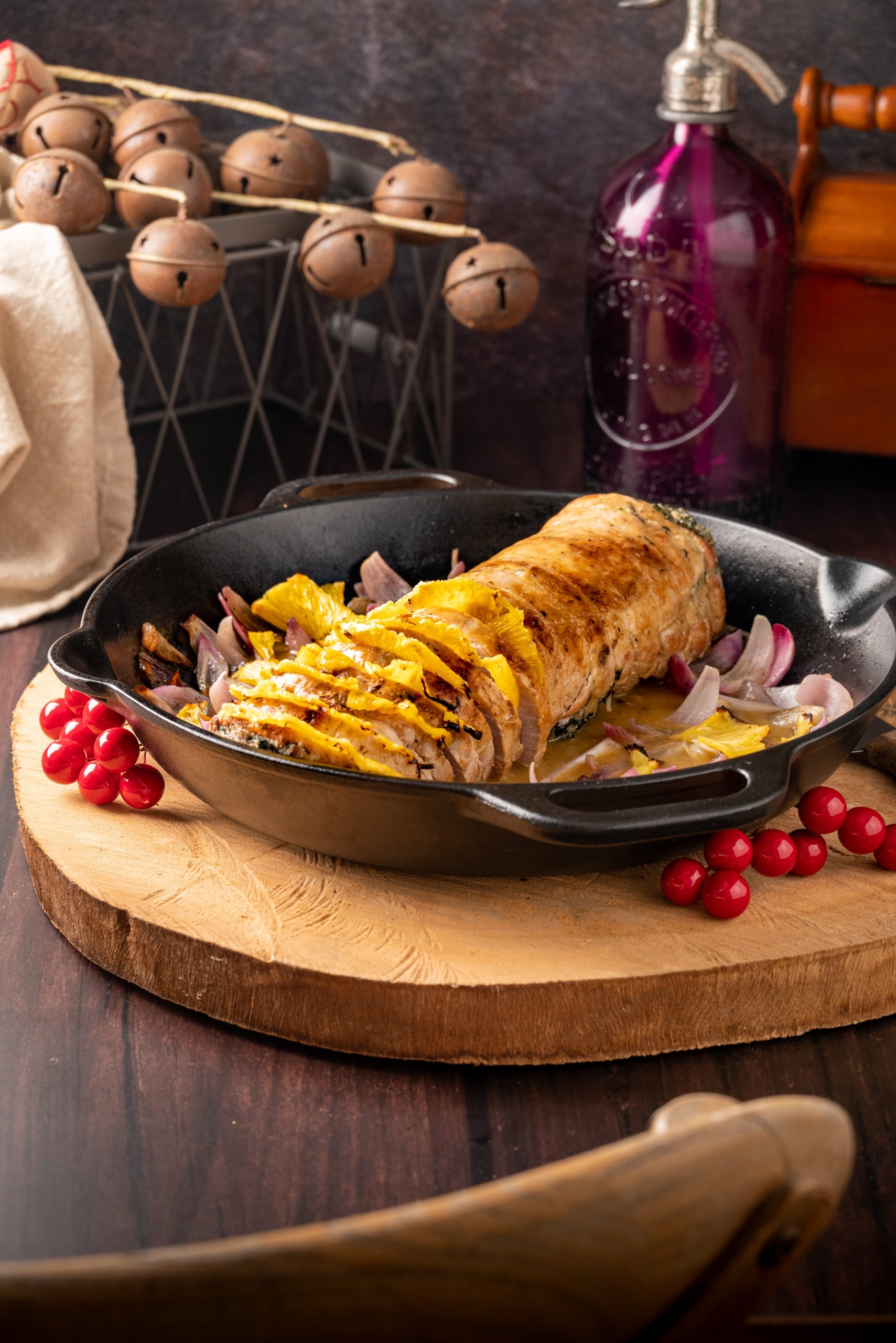 Lomo de cerdo, relleno de espinaca y panceta