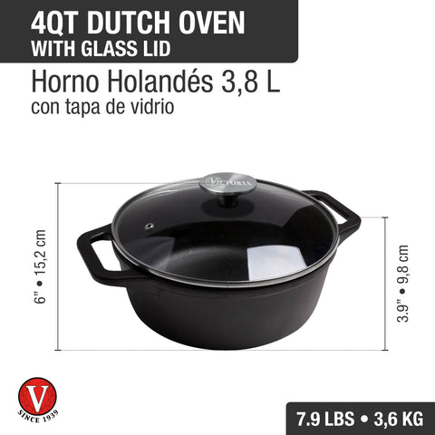 Olla Hierro Fundido 3,8 Lts. Esmaltada Tapa de Vidrio