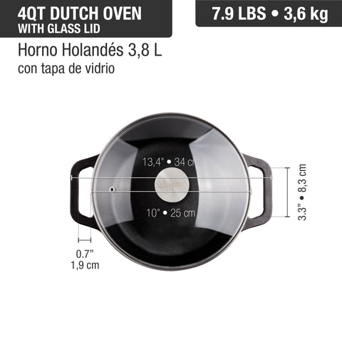 Olla Hierro Fundido 3,8 Lts. Esmaltada Tapa de Vidrio
